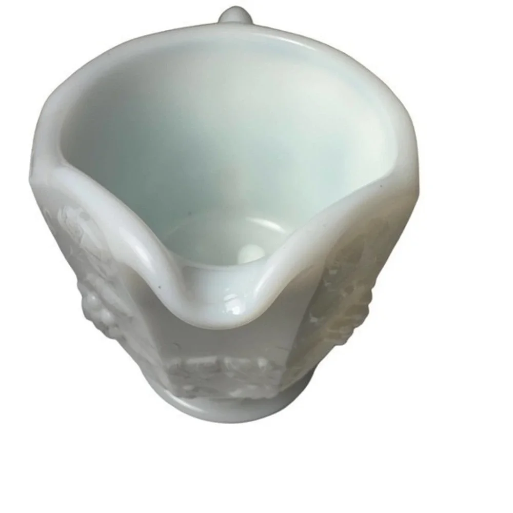 Westmoreland Milk Glass Creamer. Pitcher with Embossed Leaves and Grapes Pattern